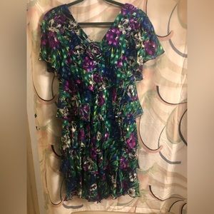 ANN HOBBS FOR CATTIVA .SAKS FIFTH AVE TIERS RUFFLE FLORAL DRESS BELOW THE KNEE